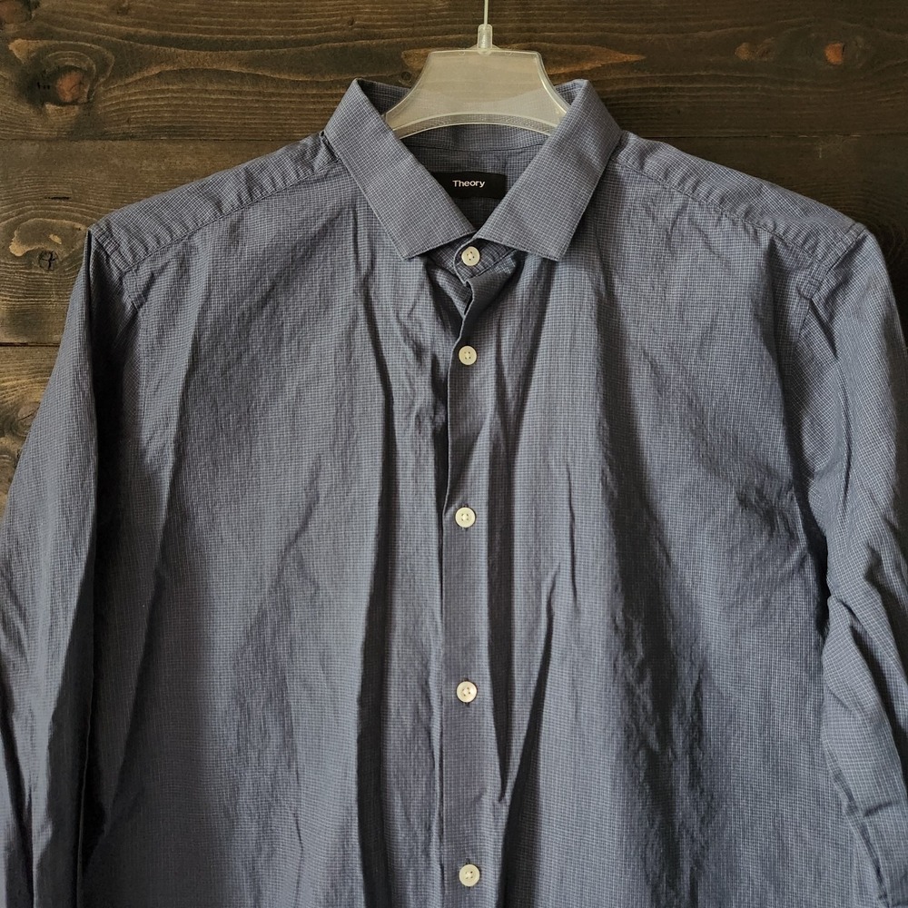 Theory Button Up Shirt Mens 17 Large Plaid Micro Check Print Lightweight Blue - Picture 2 of 11